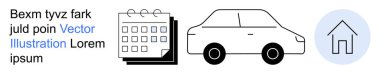 Planlama, seyahat, konut, ulaşım, program, organizasyon. Minimalist takvim, arka planda araba ev simgesi. Planlama ve seyahat kavramı net görsellerle hizalanır