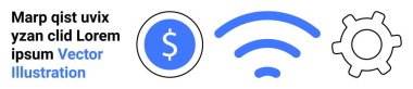 Finansal hizmetler, teknoloji, bağlantı, kablosuz iletişim, iş otomasyonu, kullanıcı ayarları. Mavi dolar sembolü, kablosuz sinyal ve vites ana hatları. Finans ve teknoloji kavramı