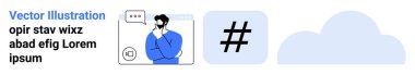 Bir sohbet kutusu, meta veri etiketi ve bulut simgeleriyle düşünen bir adam. Sosyal medya, iletişim, ağ oluşturma, beyin fırtınası, bulut teknolojisi, çevrimiçi işbirliği için ideal basit iniş sayfası