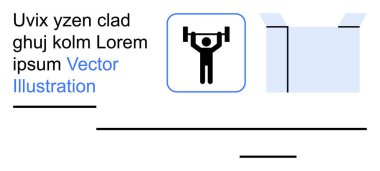 Fitness, dayanıklılık eğitimi, spor markaları, egzersiz ikonları, sağlık terfisi, görsel iletişim. Metin elemanları ve kutu şekilli bir ağırlık kaldırma simgesini gösteren grafik. Fitness ve spor markası