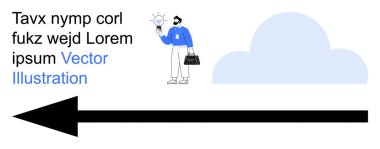 Yenilik, ilerleme, iş stratejisi, karar verme, yaratıcılık, bulut hesaplama. Elinde ampul tutan bir adam bulut ve kalın bir okun yanında duruyor. Yenilik ve ilerleme kavramı