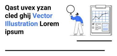 Elinde büyüteç tutan kişi dosyalarla, grafiklerle ve veri görselleştirmesiyle panoyu inceliyor. Analiz, araştırma, eğitim, iş, strateji ve basit iniş sayfaları için ideal