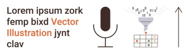 Dijital iletişim, yapay zeka, veri analizi, konuşma metni, teknoloji iş akışı, ses işleme. Mikrofon, ikili huni ve yukarı doğru oklu yapılandırılmış bir masa. Dijital iletişim ve yapay zeka