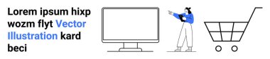 Metni, bilgisayar monitörünü ve alışveriş arabasını gösteren kadın karakter. E-ticaret için ideal, çevrimiçi alışveriş, dijital pazarlama, web tasarımı, öğrenme, teknoloji kullanımı basit iniş sayfası