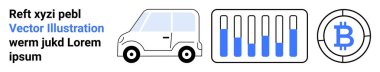 Elektrikli araba, veri sunumlu bar çizelgesi ve dijital Bitcoin madeni para. Teknoloji, finans, ulaşım, yenilenebilir enerji, yatırım, veri analizi için ideal basit iniş sayfası
