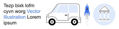 Ulaşım, yenilik, mimari, tasarım kavramları, kentsel gelişim, ikonografi. Beyaz bir araba, mavi roket ve bina ikonu. Çeşitli kullanımlar için ulaşım ve yenilik tasarım elementleri