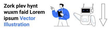 Yapay zeka, takım çalışması, otomasyon, teknoloji entegrasyonu, iş akışı optimizasyonu, kurumsal iletişim. Bir adam robotla el kol hareketi yapar ve aşağıya doğru ok atar. Yapay zeka