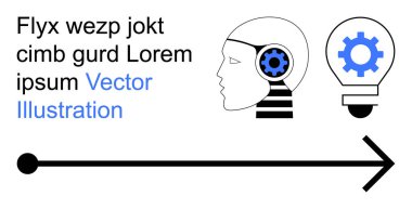 Yenilik, yapay zeka, problem çözme, yaratıcılık, teknoloji, otomasyon. Teçhizatlı bir insan kafası ve grafik okla bağlanmış bir ampul. Yenilik ve yapay zeka