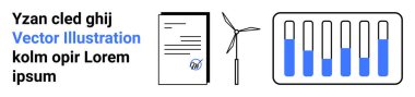 Sürdürülebilir enerji belgesi, rüzgar türbini grafiği ve bar tarzı şarj seviyeleri. Yenilenebilir enerji, sürdürülebilirlik, yeşil teknoloji, çevre dostu temalar, enerji yönetimi, güç