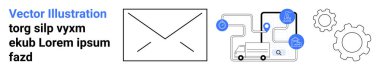 E-posta iletişimi, lojistik teknolojisi, iş akışı otomasyonu, paket teslimatı, dijital dönüşüm, operasyonel planlama. Zarf, teslimat kamyonu ve bağlı teknoloji ikonları. E- posta