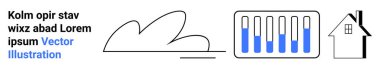Minimalist bulut simgesi, mavi çizgili bar grafiği ve ev çizgisi. Teknoloji, veri analizi, gayrimenkul, ev güvenliği, enerji ortamı web arayüzü için ideal. Basit iniş sayfası