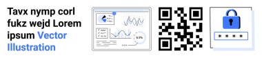 Veri güvenliği, analitik, QR teknolojisi, siber güvenlik, dijital ödeme, güvenli giriş. Grafikler, şifre arayüzü ile QR kod kilidi. Veri güvenliği ve analizler görsel olarak gösterildi