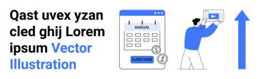 Abonelik arayüzü, yıllık takvim, oynatma tuşu ve yukarı doğru ok ile etkileşim halinde olan adam. Abonelikler, dijital planlama, büyüme, öğretim, çevrimiçi hizmetler için ideal eylem basit tetikleyicileri