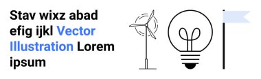 Yenilenebilir enerji, yenilik, sürdürülebilirlik, temiz güç, alternatif çözümler, çevre dostu uygulamalar. Rüzgar türbininin minimalist simgeleri, ampul ve mavi bayrak. Yenilenebilir enerji