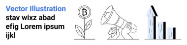 Finansal büyüme, kripto para birimi, markalaşma stratejisi, ekonomik ilerleme, yatırım potansiyeli, iş analizleri. Bitcoin ve bitkiler, yükselen hoparlör çizelgesi. Finansal büyüme ve kripto para birimi