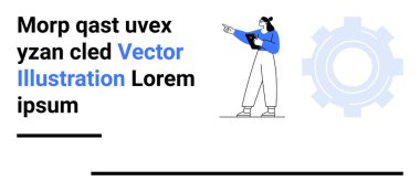 Tablet tutan, işaret eden, stilize edilmiş vites simgesi ve cesur metin öğeleri olan bir kadın. Teknoloji, iş, yenilik, takım çalışması, eğitim, pazarlama stratejisi için ideal basit iniş sayfası