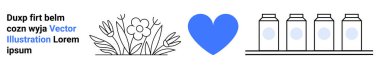 Çevre dostu, sağlık, doğa değerlendirmesi, süt endüstrisi, asgari tasarım, sürdürülebilirlik aşkı. Çiçekli taslak, mavi kalp süt şişeleri. Çevre dostu temalar ve sağlık odaklı konsept