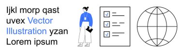 Görev organizasyonu, küresel işbirliği, verimlilik araçları, uluslararası yönetim, iş akışı sistemleri, takım koordinasyonu. Kontrol listesi ve dünya ikonu olan bir kadın. Görev örgütü ve küresel