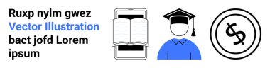 Eğitim, mezuniyet hedefleri, bilgi paylaşımı, finansal okur yazarlık, e-öğrenme platformları, akademik başarı. Telefonla açık kitap, mezuniyet parası ikonu. Eğitim ve mezuniyet hedefleri kavramı