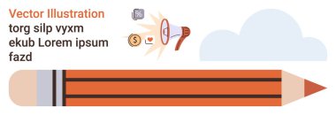 Eğitim, içerik oluşturma, iletişim, yenilik, serbest çalışma, beyin fırtınası. İçinde megafon, bozuk para ve bulut simgeleri olan büyük bir kalem. Eğitim ve içerik oluşturma kavramı