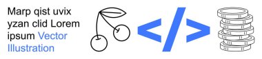 Teknoloji, finans, kalkınma, kodlama, ekonomi, yatırım. Kirazlar, bir kod sembolü ve para desteleri. Görsel elementler aracılığıyla teknoloji ve finans