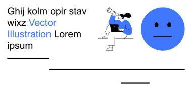 Araştırma, teknoloji, iletişim, keşif, yaratıcılık, veri analizi. Bir kadın elinde dizüstü bilgisayar ve teleskopla mavi bir yüzün yanında oturuyor. Dijital iş akışları için araştırma ve teknoloji fikirleri