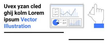 Haritalar, grafikler ve pasta görselleştirmeleriyle birlikte el simgesi ve hareket navigasyonunu gösteren veri analizi paneli. Teknoloji, analitik, arayüz tasarımı, iş dünyası, verimlilik için ideal