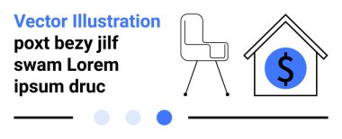 Dolar işareti, soyut metin ve renk aksanlı bir evin yanındaki modern sandalye. Gayrimenkul, iç tasarım, mali planlama, yatırım, modern yaşam, ticari markalaşma için ideal