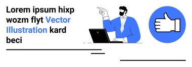 İş iletişimi, profesyonel geri bildirim, çevrimiçi toplantılar, işyeri verimliliği, uzaktan işbirliği, onay. Adam dizüstü bilgisayar kullanırken işaret ediyor. İş iletişimi ve onay kavramı