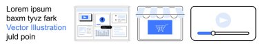 E-ticaret, web sitesi tasarımı, dijital platformlar, multimedya, çevrimiçi perakende, UI UX. Web sitesi modeli, alışveriş arabası ikonu ve video oynatıcı. E-ticaret ve dijital platformlar kavramları