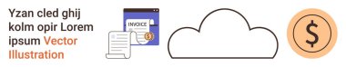 Bulut hesaplama, dijital fatura, finans hizmetleri, çevrimiçi ödemeler, iş çözümleri, veri depolama. Bir bulut simgesi, bir fatura ve bir dolar sembolü. Bulut hesaplama ve dijital fatura