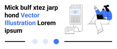 Bilgisayarlı bir kadın kontak kurulamayan ödeme terminalini ve basılı makbuzu işaret ediyor. Finans, e-ticaret, alışveriş, teknoloji, çevrimiçi ödeme, küçük işletme, basit iniş sayfası için ideal