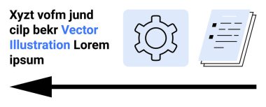 Kara ok ile işlem akışına bağlı dişli simgesi, yakınlardaki şekillendirilmiş belgeler. Çalışma akışı, işlem yönetimi, otomasyon, üretkenlik, rehberlik, talimatlar, basit iniş sayfası için ideal
