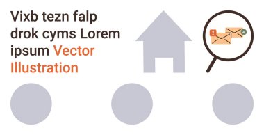 E- posta bildirimleri, çevrimiçi iletişim, mesaj takip, veri analizi, ev işi, uzaktan çalışma. Bir ev ikonunun yanındaki zarfların altını çizen büyüteç. E- posta bildirimleri ve çevrimiçi