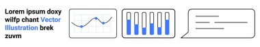 Grafik, çizgi çizelgesi, Lorem ipsum ile metin bloğu ve konuşma balonu konsepti. Analiz, iletişim, iş raporları, takım çalışması, sunumlar için ideal basit iniş sayfası