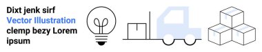 Lojistik, tedarik zinciri, ulaşım, yenilik, ambalaj, depolama. Ampul, kamyon ve kutular temiz hat tasarımında. Minimalist tarzda lojistik ve yenilik