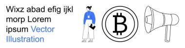 Dijital iletişim, kripto para birimi, iş operasyonları, teknoloji, finans hizmetleri, halkla ilişkiler. Bir insan, Bitcoin sembolü ve megafon görülebilir. Kripto para birimi ve iş