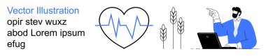 Sağlık, beslenme, sağlık, tarım, kalp sağlığı ve teknoloji. Kalp atışı çizgisi olan basit bir kalp, dizüstü bilgisayardaki buğday bitkisi adamı. Sağlık ve Beslenme