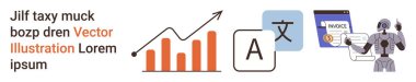 Veri analizleri, yapay zeka, otomasyon, dil çevirisi, finansal yönetim, gelecekteki teknoloji. Yukarı doğru ok, çeviri simgesi robot ve fatura ile grafikler. Veri analizleri