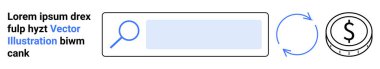Dijital finans, ödeme sistemleri, arama optimizasyonu, online işlemler, e-ticaret, teknoloji. Büyüteçle arama çubuğu, ikonu yenile ve madeni para sembolü. Dijital finans ve ödeme
