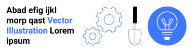Yenilik, geliştirme araçları, teknolojik çözümler, yaratıcı fikirler, mühendislik, problem çözme. Vites, ampul ve kürek minimalist vektör tasarımında. Yenilik ve geliştirme araçları