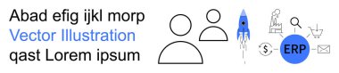 İş geliştirme, girişim kaynak planlaması, yenilik, takım çalışması, başlangıç yönetimi, dijital dönüşüm. Görsel elementler arasında roket, ERP simgesi ve kullanıcı profilleri yer alıyor. İş büyümesi