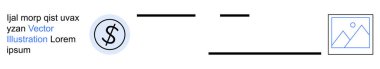 Finans, tasarım düzeni, yer tutucular, parasal kavramlar, editoryal içerik, görsel çerçeveler. Çember içinde bir dolar sembolü ve soyut görüntü yer tutucuları. Finans ve tasarım düzeni kavramı