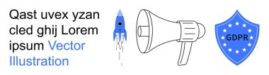 Veri gizliliği, dijital pazarlama, uyum, GDPR düzenlemeleri, iş iletişimi, güvenlik koruması. Megafon, roket GDPR kalkanı. GDPR uyumu ve dijital pazarlama kavramı