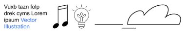 Yaratıcılık, yenilik, ilham, fikirler, eğitim, büyüme. Müzik notası, ampul ve bulut gibi minimalist çizgiler. Sembolik tasarım yoluyla yaratıcılık ve yenilik