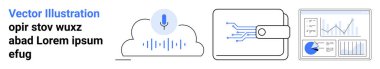Mikrofonu sembolize eden bir bulut, güvenli dijital cüzdan ve çizelgeli analitik panel. Teknoloji, AI, finans, güvenlik, bulut hizmetleri ve veri güdümlü çözümler için ideal