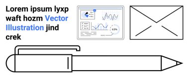 İş, iletişim, ofis malzemeleri, veri görselleştirme, analitik, yazışmalar. Kalem, zarf ve çizelgeli veri paneli. İletişim ve ofis malzemeleri kavramları
