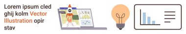 İş stratejisi, yenilik, veri analizi, verimlilik, yaratıcılık, eğitim. Roket ve çizelgeli dizüstü bilgisayar, ampul çubuğu grafiği. İş stratejisi ve yenilik