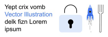 Siber güvenlik, yenilik, teknoloji, nesne sembolizmi, koruma, kavramsal görseller. Sembolik olarak düzenlenmiş asma kilit, roket ve çatal. Siber güvenlik ve yenilik açık sembollerle gösterilmiştir