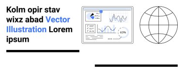 Veri analizi, küresel ağlar, iş çözümleri, dijital araçlar, eğitim, yenilik. Grafikleri ve küresi olan gösterge paneli iyonu. Veri analizi ve küresel ağ kavramları
